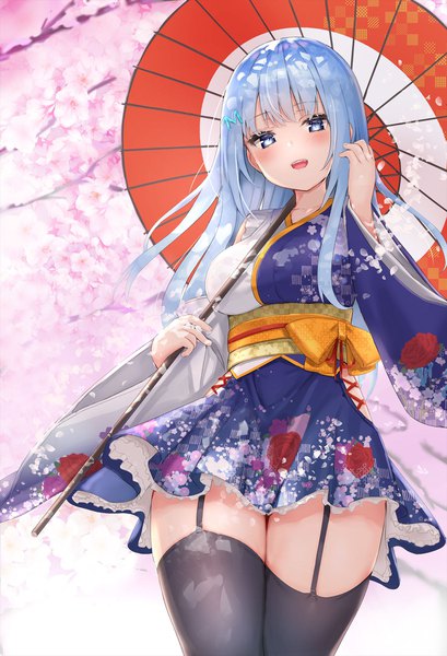 Anime picture 1308x1920 with original emori miku project emori miku reinama single long hair tall image looking at viewer blush fringe breasts open mouth blue eyes smile hair between eyes holding blue hair blunt bangs long sleeves traditional clothes