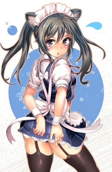 Anime picture 1405x2154 with original dikko (dikk0) single long hair tall image looking at viewer blush fringe open mouth light erotic standing animal ears looking back grey hair from behind maid grey eyes floral print hands behind back girl