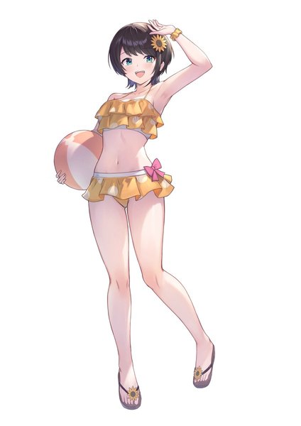 Anime picture 848x1199 with virtual youtuber hololive oozora subaru tokisaka makoto single tall image blush fringe short hair open mouth blue eyes light erotic simple background smile brown hair standing white background holding full body :d