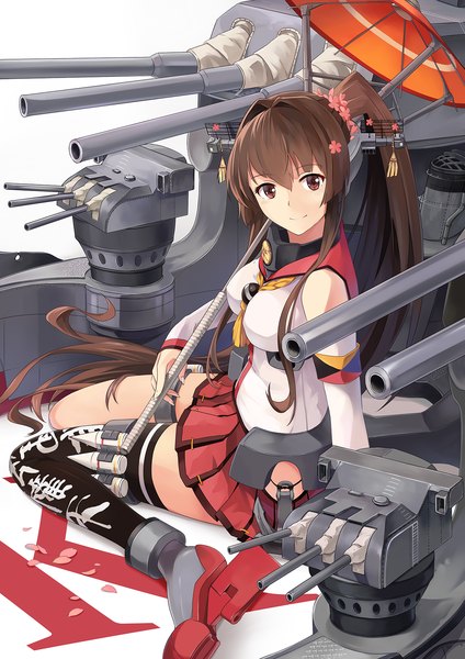 Anime picture 1200x1697 with kantai collection yamato super battleship neko (yanshoujie) single tall image fringe breasts brown hair bare shoulders brown eyes ponytail very long hair hair flower light smile hieroglyph girl thighhighs uniform hair ornament flower (flowers)