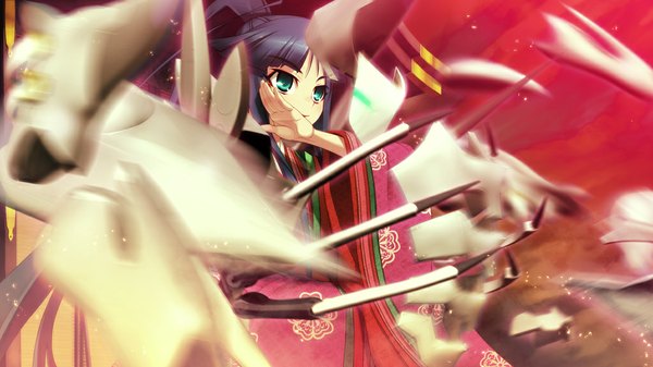 Anime picture 1024x576 with full metal daemon muramasa nitroplus minato hikaru single long hair wide image blue hair ponytail traditional clothes japanese clothes aqua eyes girl kimono robot junihitoe