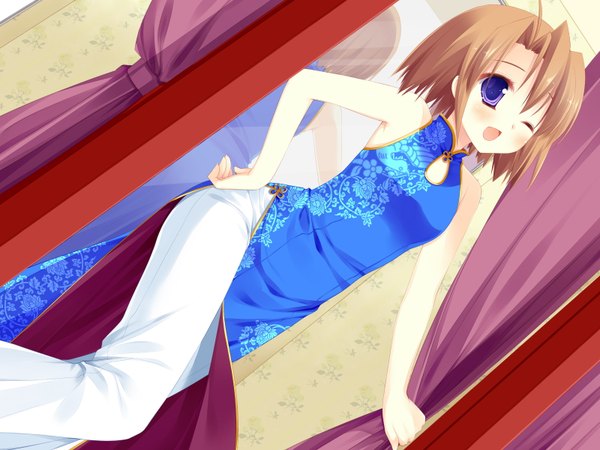 Anime picture 1600x1200 with kicking horse rhapsody tsuji shino blush short hair open mouth smile brown hair purple eyes bare shoulders game cg one eye closed wink reflection chinese clothes girl chinese dress mirror