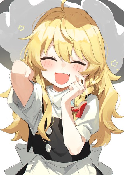 Anime picture 2508x3541 with touhou kirisame marisa jill 07km single long hair tall image blush fringe highres simple background blonde hair hair between eyes white background upper body ahoge eyes closed fang (fangs) ^ ^ ^o^ girl