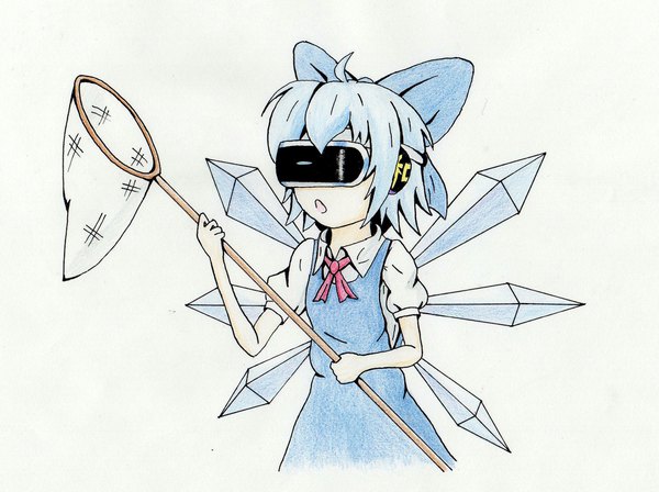 Anime picture 2333x1745 with touhou cirno vollstrecker single highres short hair open mouth simple background white background holding blue hair ahoge upper body :o short sleeves traditional media girl dress bow hair bow