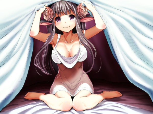 Anime picture 1280x960 with original tagme (artist) long hair looking at viewer fringe breasts light erotic black hair smile large breasts sitting holding animal ears cleavage purple hair barefoot horn (horns) bare legs girl dress