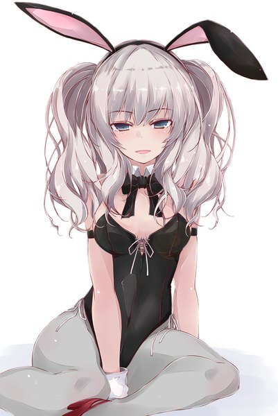 Anime picture 600x898 with kantai collection kashima training cruiser yumesato makura single long hair tall image open mouth blue eyes light erotic simple background white background sitting animal ears silver hair :d arm support two side up fake animal ears girl pantyhose