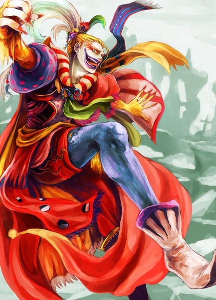 Anime picture 1213x1681 with final fantasy final fantasy vi square enix cefca palazzo tsuyomaru single long hair tall image looking at viewer blonde hair green eyes ponytail fingernails lipstick spread arms pale skin long fingernails boy tongue
