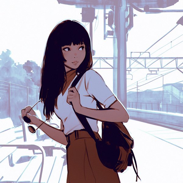 Anime picture 1080x1080 with original ilya kuvshinov single long hair fringe open mouth black hair smile standing holding brown eyes looking away ahoge outdoors parted lips lips short sleeves lipstick pink lipstick sunglasses removed