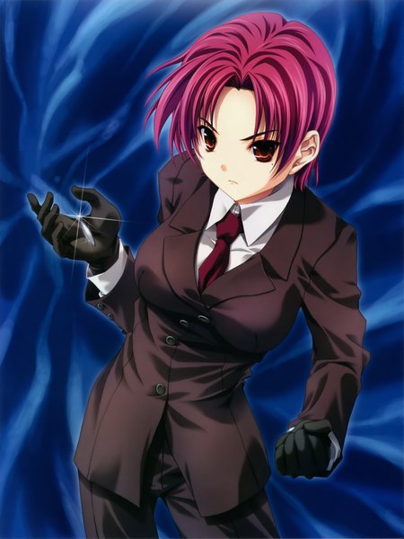 Anime picture 3388x4513 with miyama zero single tall image highres short hair red eyes pink hair absurdres blue background girl gloves necktie pants suit