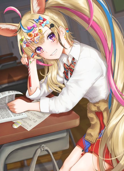 Anime picture 1353x1860 with virtual youtuber hololive omaru polka sunset kanpai single long hair tall image looking at viewer blush fringe breasts blonde hair smile sitting purple eyes animal ears ahoge ponytail multicolored hair streaked hair