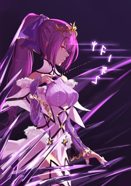 Anime picture 1240x1754 with fate (series) fate/grand order scathach (fate) (all) scathach skadi (fate) kwi (kawaiin) single long hair tall image looking at viewer fringe breasts simple background hair between eyes red eyes standing bare shoulders payot purple hair profile fur trim