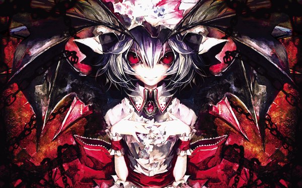 Anime picture 1920x1200 with touhou remilia scarlet banpai akira highres short hair red eyes wide image blue hair demon wings girl chain bonnet