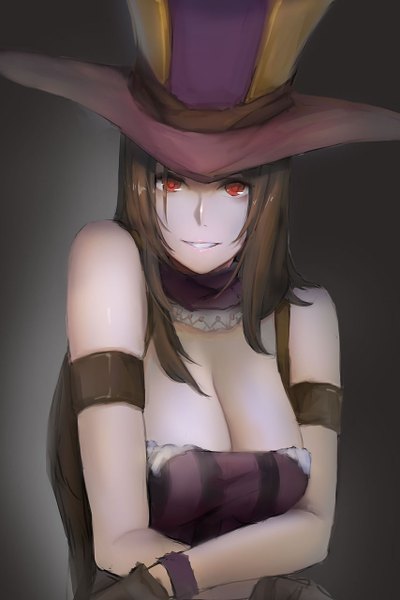 Anime picture 853x1280 with league of legends caitlyn (league of legends) pandea work single long hair tall image looking at viewer breasts light erotic smile red eyes brown hair large breasts girl top hat