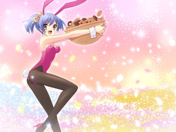 Anime picture 1600x1200 with flyable heart hayakawa megumi itou noiji single light erotic blue hair bunny girl girl food bunnysuit doughnut