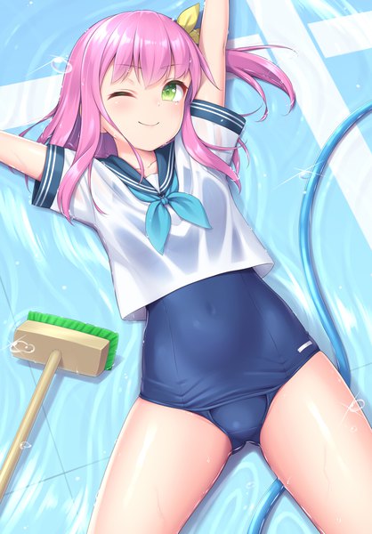 Anime picture 920x1320 with original sasaame single long hair tall image looking at viewer blush fringe breasts light erotic smile green eyes pink hair lying one eye closed from above wink arms up short sleeves on back