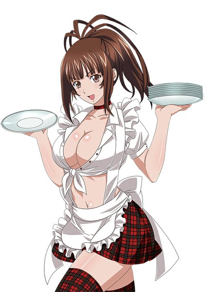 Anime picture 600x831 with ikkitousen bachou mouki single long hair tall image looking at viewer breasts open mouth light erotic simple background brown hair large breasts white background brown eyes ponytail open shirt girl skirt miniskirt shirt