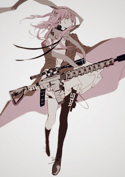 Anime picture 2066x2923 with girls frontline st ar-15 (girls frontline) can (doubledis) single long hair tall image fringe highres blue eyes simple background looking away pink hair full body wind grey background one side up asymmetrical legwear girl gloves weapon