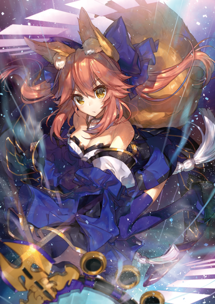 Anime picture 636x900 with fate (series) fate/extra tamamo (fate) (all) tamamo no mae (fate) chocoan single long hair tall image looking at viewer fringe breasts simple background hair between eyes large breasts white background twintails animal ears yellow eyes payot pink hair