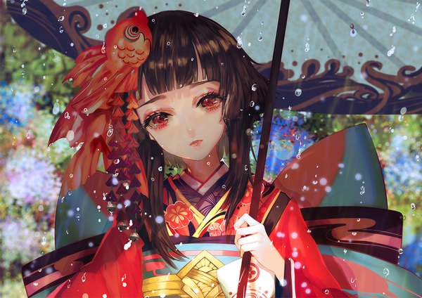 Anime picture 1358x960 with onmyoji kagura (onmyoji) say hana single looking at viewer fringe short hair red eyes brown hair holding upper body blunt bangs traditional clothes head tilt japanese clothes blurry rain girl hair ornament animal