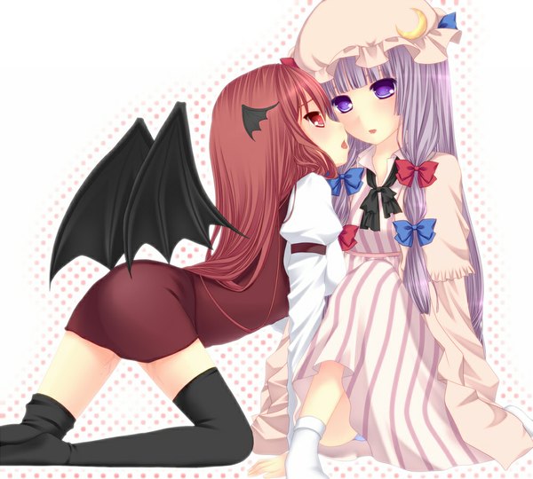 Anime picture 1000x900 with touhou patchouli knowledge koakuma kabata (mechisan) long hair red eyes purple eyes multiple girls purple hair red hair kneeling shoujo ai head wings girl thighhighs dress bow black thighhighs 2 girls wings