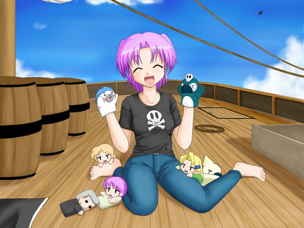 Anime picture 1024x768 with original mis res breasts smile purple hair barefoot chibi ^ ^ skull and crossbones pirate skull print skull watercraft ship hand puppet