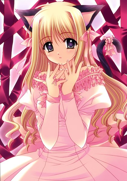 Anime picture 2420x3450 with nishimata aoi single long hair tall image highres blonde hair purple eyes animal ears absurdres cat ears cat girl cat tail girl dress ribbon (ribbons)
