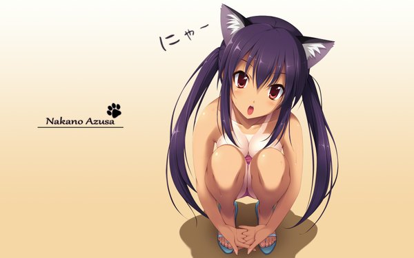 Anime picture 1920x1200 with k-on! kyoto animation nakano azusa cygnus (artist) single long hair looking at viewer highres breasts open mouth light erotic black hair red eyes wide image sitting twintails animal ears cat ears shadow dark skin