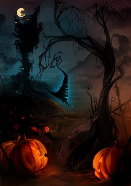 Anime picture 1308x1850 with original yaichino (artist) tall image cloud (clouds) night plant (plants) tree (trees) moon witch hat cross vegetables house pumpkin