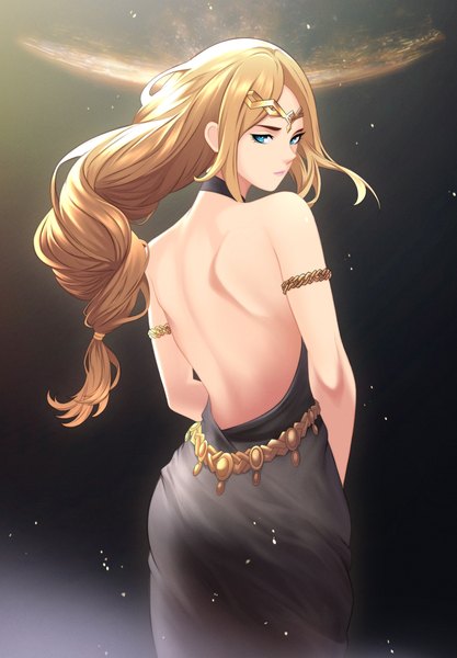Anime-Bild 1640x2360 mit elden ring queen marika the eternal aldrich single long hair tall image looking at viewer blue eyes blonde hair looking back from behind back low ponytail bare back girl dress black dress circlet