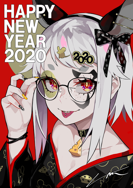 Anime picture 1062x1500 with original lam (ramdayo) single tall image looking at viewer short hair breasts red eyes animal ears cleavage traditional clothes japanese clothes grey hair off shoulder piercing fake animal ears eyebrows red background new year animal print