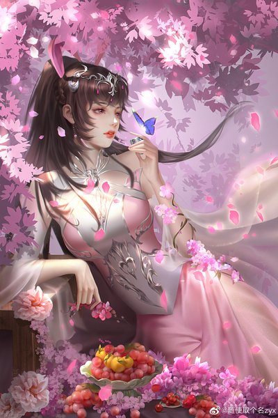 Anime picture 2000x3000 with douluo continent xiao wu suibian qu ge ming zyx single long hair tall image fringe highres breasts black hair red eyes bare shoulders holding signed animal ears looking away outdoors ponytail parted lips realistic