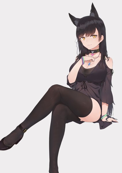 Anime picture 2480x3507 with azur lane atago (azur lane) grain single long hair tall image looking at viewer fringe highres breasts black hair simple background animal ears yellow eyes cleavage bent knee (knees) light smile grey background mole arm support