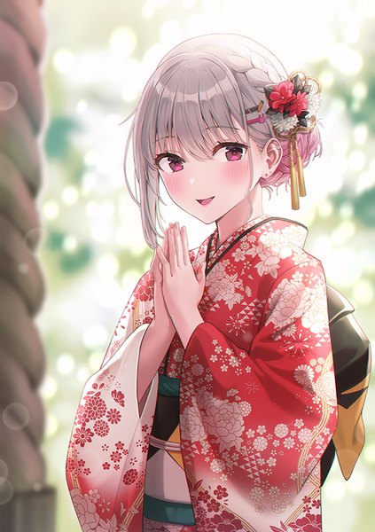 Anime picture 635x900 with original usagyaru (rangu) rangu single tall image looking at viewer blush fringe short hair open mouth smile hair between eyes standing payot pink hair braid (braids) traditional clothes :d japanese clothes multicolored hair