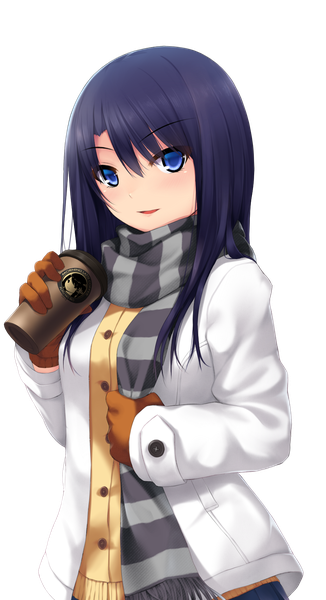 Anime picture 929x1709 with original eliora frostine (original) kopianget single long hair tall image looking at viewer fringe open mouth blue eyes smile standing purple hair open clothes open jacket girl gloves jacket scarf drink