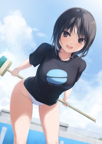 Anime picture 1060x1500 with original aoyama sumika coffee-kizoku single tall image looking at viewer fringe short hair open mouth light erotic black hair smile standing holding brown eyes sky cloud (clouds) outdoors :d leaning