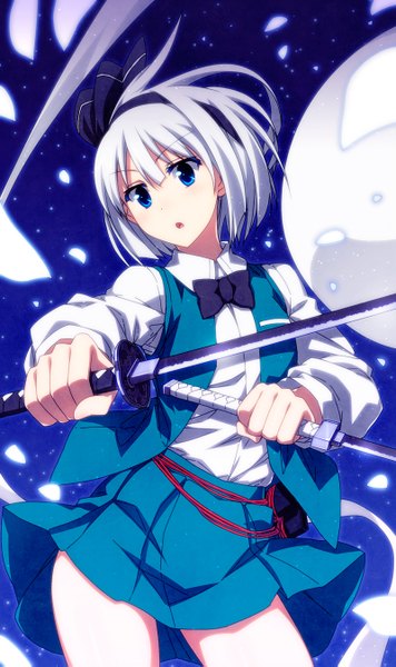 Anime picture 800x1347 with touhou konpaku youmu myon sazanami mio single tall image looking at viewer short hair blue eyes sky white hair night night sky girl skirt ribbon (ribbons) weapon hair ribbon miniskirt shirt