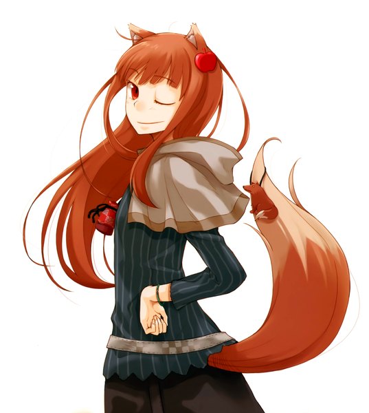 Anime picture 4862x5432 with spice and wolf horo ayakura juu single long hair tall image highres simple background smile red eyes brown hair white background absurdres one eye closed wink wolf ears wolf tail wolf girl girl hair ornament