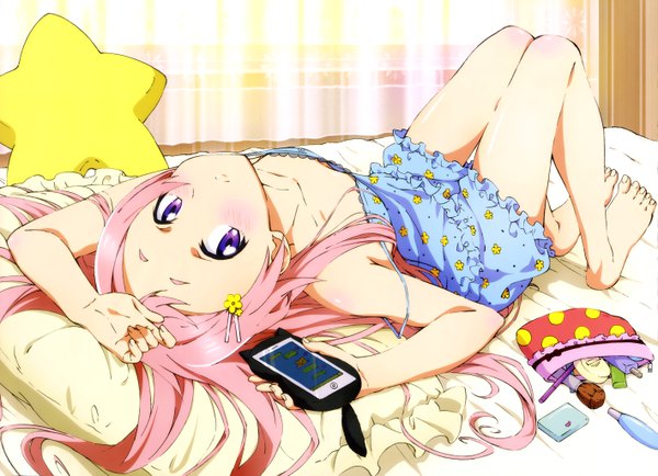Anime picture 5666x4102 with gamers! nyantype pine jam aguri (gamers!) single long hair looking at viewer blush highres purple eyes pink hair absurdres cleavage lying barefoot on back flat chest strap slip hand on head body blush