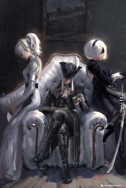 Anime picture 1200x1778 with final fantasy nier nier:automata bloodborne final fantasy xv bloodborne: the old hunters square enix from software yorha no. 2 type b lady maria of the astral clocktower lunafreya nox fleuret wlop tall image short hair sitting multiple girls holding signed payot white hair