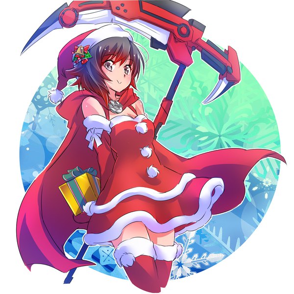 Anime picture 2200x2202 with rwby rooster teeth ruby rose iesupa single tall image looking at viewer highres short hair black hair simple background smile red hair multicolored hair grey hair two-tone hair fur trim christmas gradient hair outline