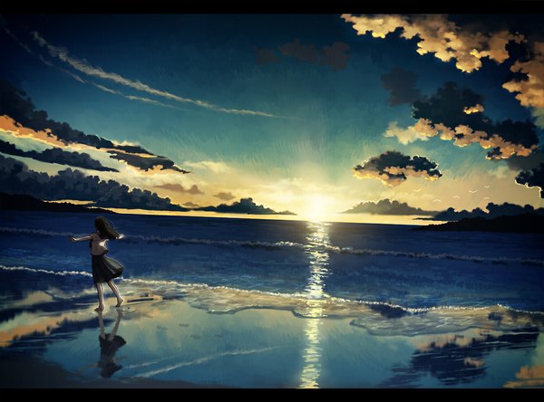 Anime picture 1158x858 with original amemura single black hair sky cloud (clouds) barefoot from behind beach evening reflection sunset letterboxed spread arms landscape scenic girl water serafuku sea