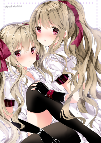 Anime picture 707x1000 with original nanase nao long hair tall image looking at viewer blush fringe open mouth light erotic simple background hair between eyes brown hair white background purple eyes twintails multiple girls signed ponytail looking back :o