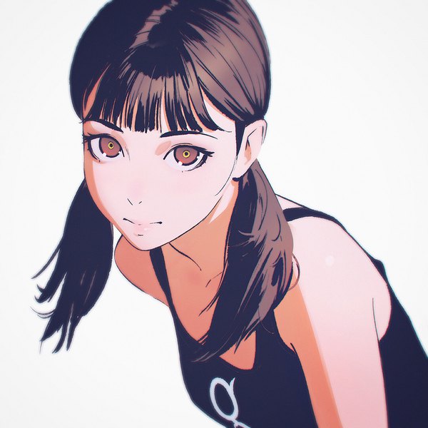 Anime picture 1080x1080 with original ilya kuvshinov single long hair looking at viewer fringe brown hair twintails bare shoulders brown eyes upper body blunt bangs grey background sleeveless low twintails girl tank top