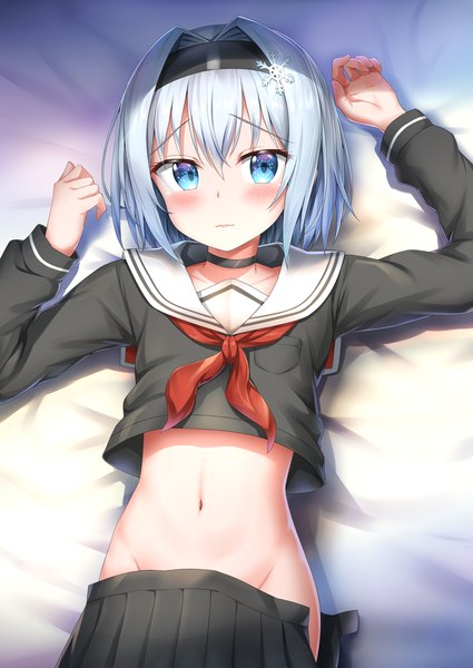 Anime picture 2507x3541 with ryuuou no oshigoto! sora ginko nedia (nedia region) single tall image looking at viewer blush highres short hair blue eyes light erotic blue hair lying long sleeves pleated skirt arm up on back no panties girl skirt