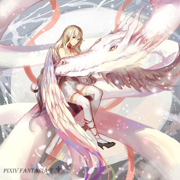 Anime picture 1400x1400 with original pixiv fantasia pixiv fantasia t sishenfan long hair looking at viewer blonde hair sitting bare shoulders yellow eyes bent knee (knees) horn (horns) light smile pointy ears snowing fantasy white wings girl thighhighs dress