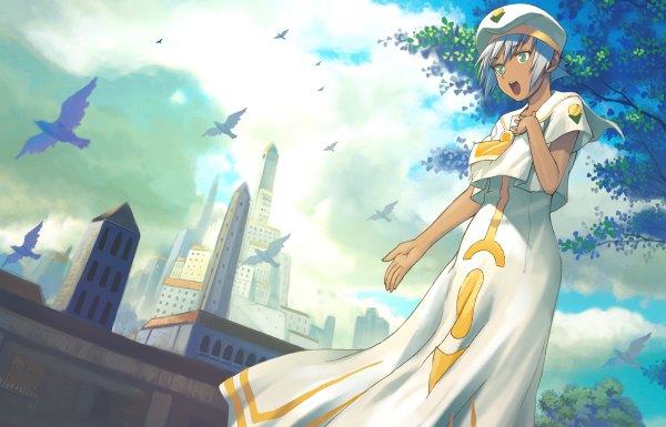 Anime picture 1200x770 with aria athena glory hirokiku single short hair open mouth green eyes blue hair sky cloud (clouds) city singing girl plant (plants) animal tree (trees) bird (birds) beret skyscraper