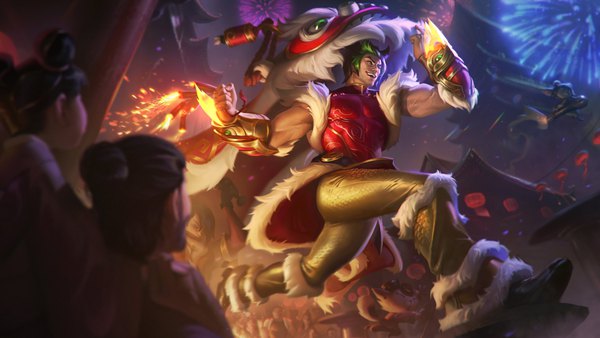 Anime picture 4096x2304 with league of legends sett (league of legends) highres short hair open mouth wide image green eyes looking away absurdres traditional clothes arm up green hair realistic night multiple boys hair bun (hair buns) depth of field fur trim chinese clothes scar