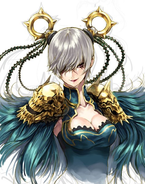 Anime picture 643x815 with lord of vermilion berserker (lord of vermilion) makimura shunsuke single tall image looking at viewer fringe short hair breasts open mouth simple background large breasts white background cleavage silver hair light smile hair over one eye no bra shadow armpit (armpits)