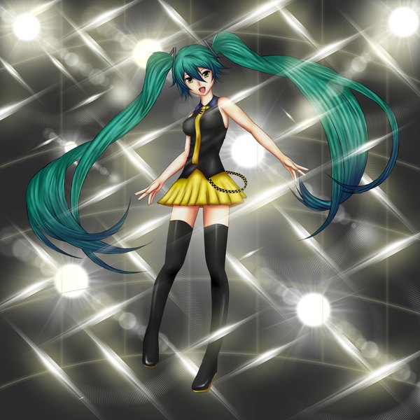 Anime picture 3500x3500 with vocaloid hatsune miku single long hair highres open mouth twintails yellow eyes absurdres aqua hair sleeveless light girl skirt miniskirt thigh boots