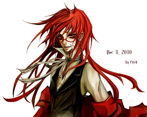 Anime picture 1686x1342 with kuroshitsuji a-1 pictures grell sutcliff single long hair simple background red eyes white background red hair teeth sharp teeth boy shirt choker glasses vest coat